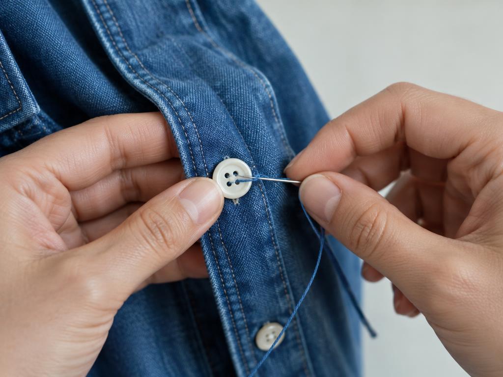 Cosiendo un botón en una camisa