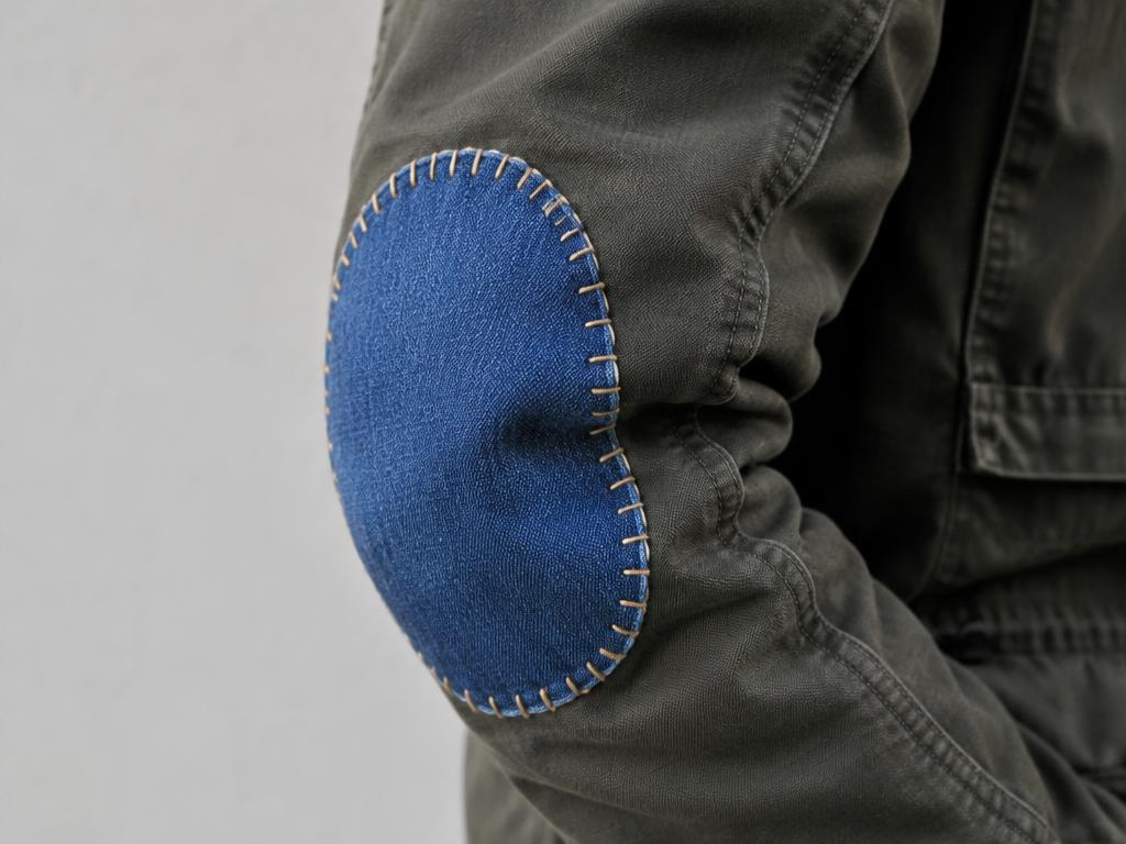 Un parche visible cosido en el codo de una chaqueta